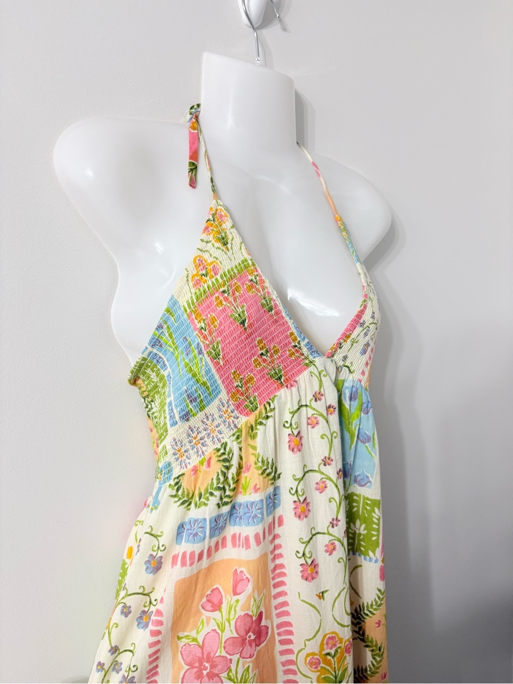 PATRONS OF PEACE Patchwork Halter Maxi Dress Boho Euro Summer Resort Vacation M - Picture 3 of 8